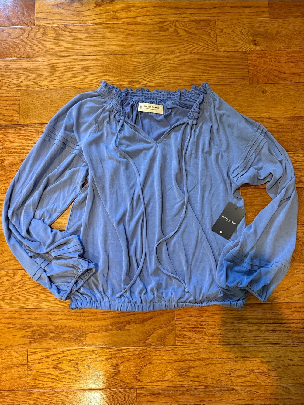 Lucky Brand Periwinkle Blue Smocked-Neck Long Sleeve Blouse
